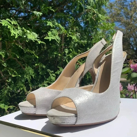 Lulu Townsend Silver PeepToe Canvas Slingback Heel - Picture 3 of 8